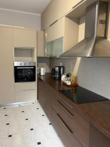 una cucina con elettrodomestici in acciaio inossidabile e armadi marroni di Whole house Stropones Evia a Strópones