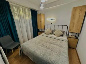 a bedroom with a bed and a chair and a window at Bakuriani Bliss Apartment in Bakuriani
