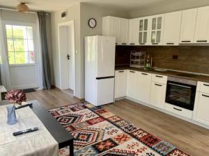 a kitchen with white cabinets and a white refrigerator at Sudic Villa in Snagov