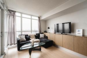 a living room with a black couch and a tv at Downtown Toronto luxury condos in Toronto