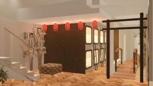 a room with a staircase with red chinese signs at Cápsula Hotel in Florianópolis +1 photo