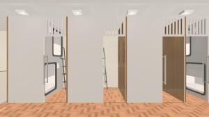 an empty room with glass doors and wooden floors at Cápsula Hotel in Florianópolis +4 photos