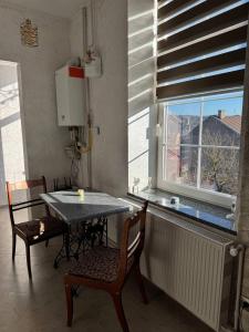 una cucina con tavolo, sedie e finestra di 1-кімнатна квартира на Пігути - Чортків a Chortkiv