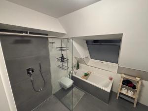 a bathroom with a shower and a toilet and a sink at Luxuriöse Maisonette Wohnung mit Whirlpool und Weitblick im Kurviertel von Bad Salzuflen in Bad Salzuflen +24 photos