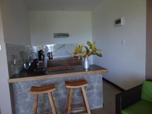 a kitchen with a counter with two bar stools at Fler Payanke Apartment in Anse Royale