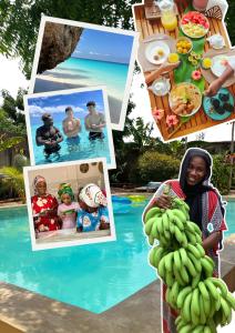 a collage of photos of a woman standing next to a pool at Binta Boutique Hotel - Small Oasis near Nungwi Beach in Nungwi