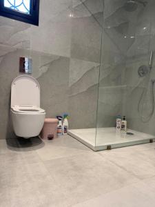 ein Badezimmer mit Toilette und Glasdusche in der Unterkunft Design, space and light in La Marsa in Dar Tahar Zaouch + 26 Fotos