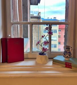 a window sill with a book and a vase with flowers at Sarajevo Main Street Residence in Sarajevo +19 photos