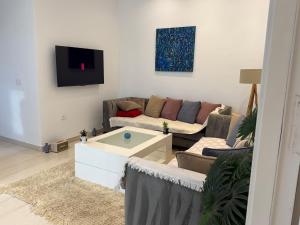 ein Wohnzimmer mit Sofa und Fernseher in der Unterkunft Design, space and light in La Marsa in Dar Tahar Zaouch