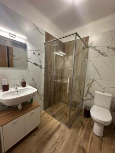 a bathroom with a shower and a toilet and a sink at Apartmán Losonci in Nesvady