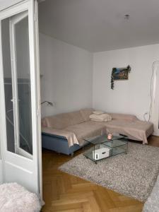 弗里堡Salon lumineux avec TV et Canapé的配有床和玻璃桌的房间