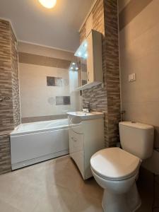 a bathroom with a toilet and a sink and a tub at Ingrino Apartament in Comăneşti