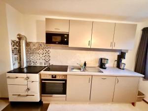 韦尔塔赫Am Dorfbrunnen - zentral in Wertach, authentisch, echt Allgäuerisch的带白色橱柜和水槽的小厨房