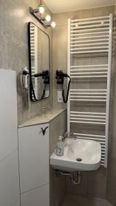 ビーレフェルトにあるHotel Krausの洗面台と鏡のあるバスルーム