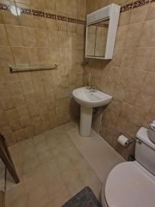 a bathroom with a sink and a toilet and a mirror at Double room with private bathroom in Santo Domingo