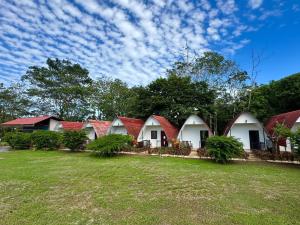 a row of houses with red roofs on a field at Eco Hotel Villas del Tortuguero in Cariari