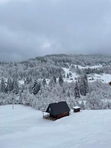 a cabin in the snow with snow covered trees at Mountain House Jelovica in Berane