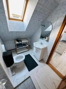 vistas a un baño con aseo y lavabo en Citadel Apartment, en Sighişoara