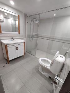 a bathroom with a shower and a toilet and a sink at Margalla Residency Islamabad in Islamabad