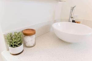 a bathroom with a sink and a plant in a jar at Waikiki Shore 1014 in Honolulu