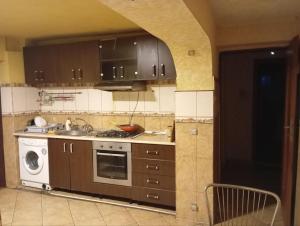 una cocina con fregadero y estufa horno superior en Central Rooms Craiova, en Craiova