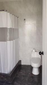 a bathroom with a toilet and a shower curtain at La Casita de Condoray - Lunahuana in Lunahuaná