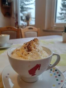 a cup of coffee with ice cream on a table at Gostišče Jelka, Hočko Pohorje in Pohorje