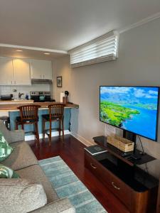 a living room with a large flat screen tv at Spacious Studio Near Beaches & Dining in Waikoloa Village