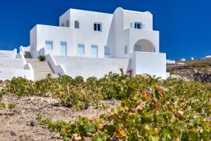 a white building on the beach with some plants at Blanca Luxury Villa in Megalochori