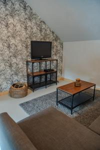 ein Wohnzimmer mit Fernseher und Couchtisch in der Unterkunft Sur la Colline in Houffalize