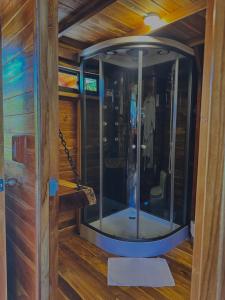um chuveiro de vidro em um quarto em uma cabine em Refugio la Arboleda em São Rafael