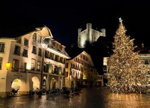 图恩Leone Stays - Golden Castle Loft的夜夜城街上的圣诞树