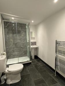 un baño con inodoro y ducha en Brandon House, en Brandon