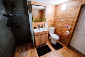 a bathroom with a toilet and a sink and a shower at BraziHouse - pine escape with jacuzzi in Petroşani +26 photos