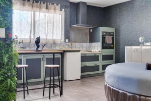 a kitchen with green cabinets and a bed in a room at Loft Paradis ~Jacuzzi privatif~ Séjour amour in Vieille-Toulouse