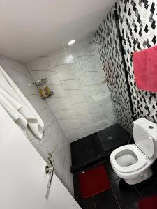 a bathroom with a white toilet and red towels at Edificio EIFER V a 200 metros de la Av San Bernardo y a 200 metros del Mar con Aire Acondicionado Cochera Cubierta Balcón a la calle Parrilla y Lavadero in San Bernardo +16 photos