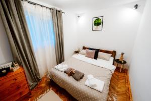 a bedroom with two beds and a large window at BraziHouse - pine escape with jacuzzi in Petroşani