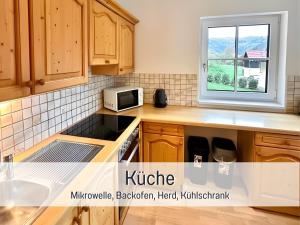 una cocina con fregadero y microondas en Ferienhaus am Fluss, en Pinsdorf