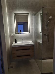 Un baño con lavabo, espejo y ducha. en Rezidencia pri Kaštieli 5, en Sokoľany