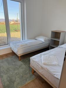Dos camas en una habitación con ventana. en Rezidencia pri Kaštieli 5, en Sokoľany
