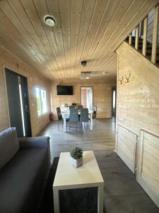 斯特日察Domek Helenka的客厅里有一张沙发和一张桌子。