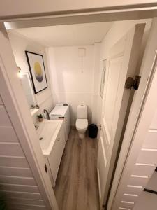 a small bathroom with a toilet and a sink at Recently renovated house in the heart of tromsdalen in Tromsø +13 photos