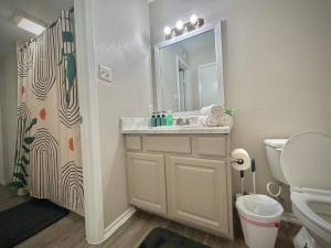 a bathroom with a sink and a toilet and a mirror at Townhouse A plus location pool long stay discounts in Sherman +10 photos