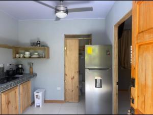 a kitchen with a stainless steel refrigerator and wooden cabinets at Casita colibri in Savegre