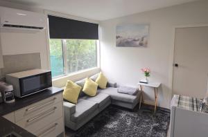 ein Wohnzimmer mit Sofa und Fernseher in der Unterkunft Manuki Tiny Retreat - Private stay Christchurch in Christchurch