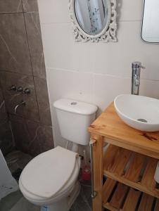 a bathroom with a toilet and a sink and a mirror at Cabañas Don Fernando in Santa Rosa de Calamuchita