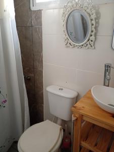 a bathroom with a toilet and a sink and a mirror at Cabañas Don Fernando in Santa Rosa de Calamuchita