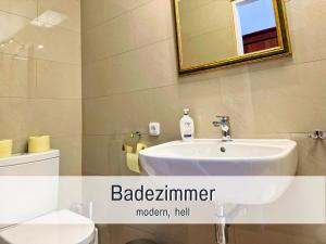 a bathroom with a sink and a toilet and a mirror at Suite Marie Antoinette, Blick auf den Stadtplatz, Traunseeblick - ideal für Paare und Kulturinteressierte in Gmunden