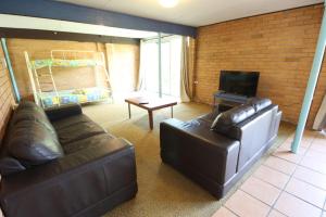 a living room with a leather couch and a tv at The Castle at Hat Head - 7 Ward Street in Hat Head