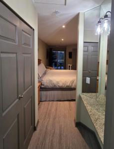 una camera con letto e porta con specchio di Oceanside GetAway at Pacific Shores a Nanoose Bay Altre 54 foto